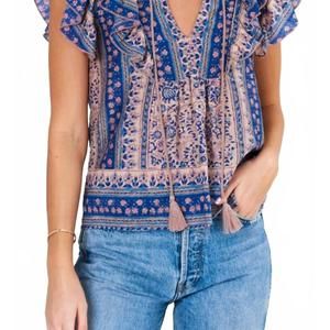 NEW M.A.B.E. cass print short sleeve top in navy